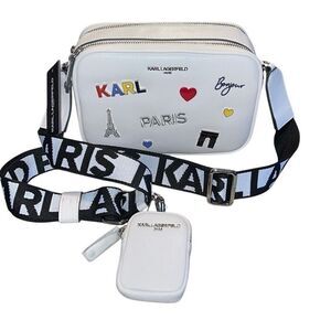 Karl‎ Lagerfeld Maybelle Crossbody Bag Double Zip White With Pins Pouch NWT $228